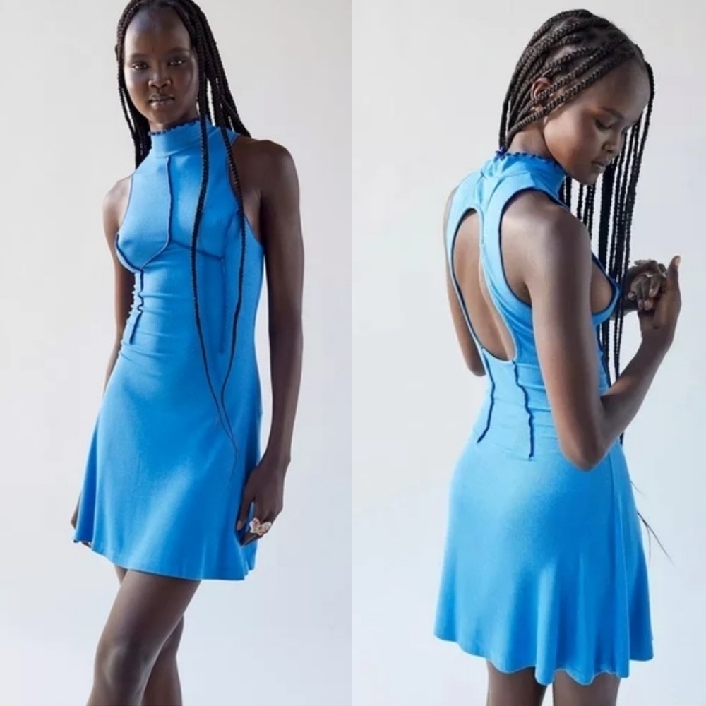 Urban Outfitters Deja Blue Contrast Halter Ribbed Peek-a-boo Back Mini Dress M